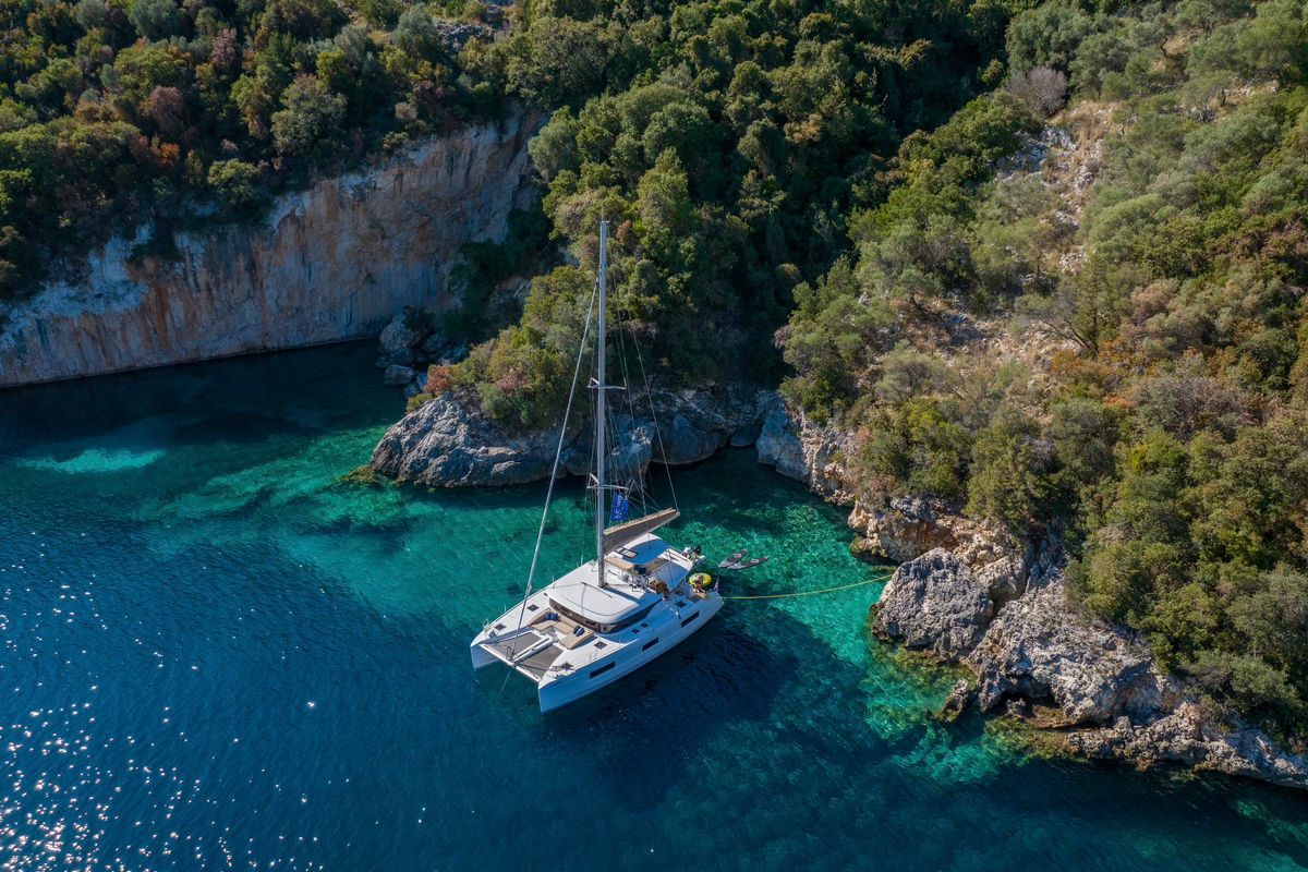Exterior view of Maestro, a Lagoon 46 catamaran at Municipal Unit of Lefkada, Greece