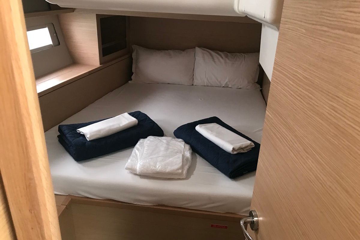 Cabin on Cervantes, a Dufour 530 sailboat at Olbia, Italy