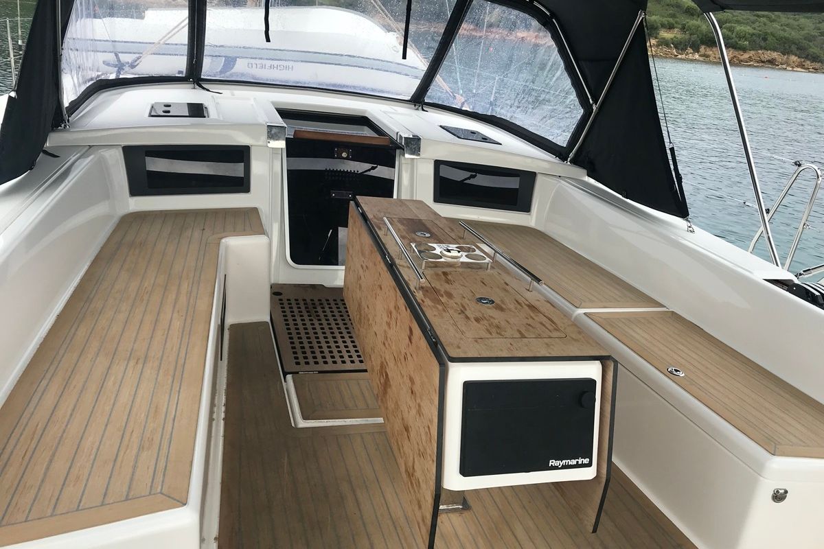 Deck of Cervantes, a Dufour 530 sailboat at Olbia, Italy