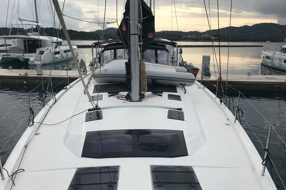 Deck of Cervantes, a Dufour 530 sailboat at Olbia, Italy
