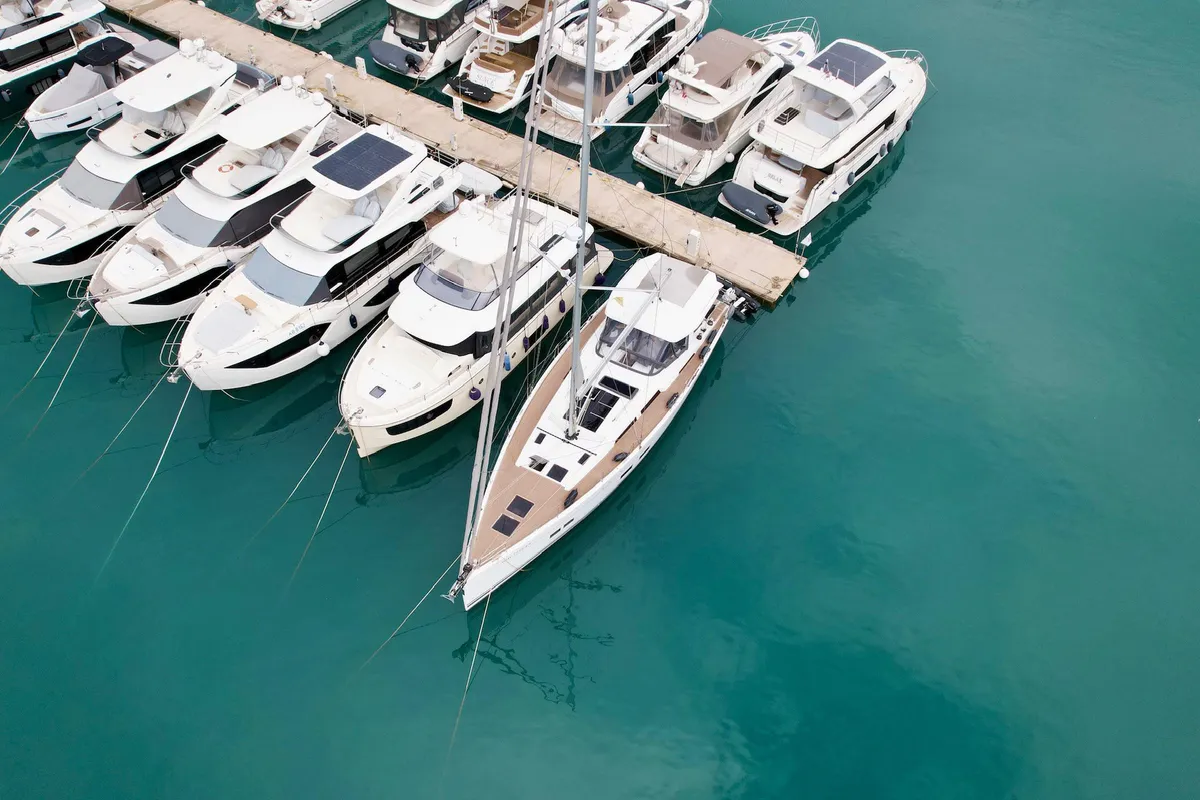 Exterior view of Joanna, a Hanse Yachts Hanse 588 sailboat at Grad Biograd na Moru, Croatia