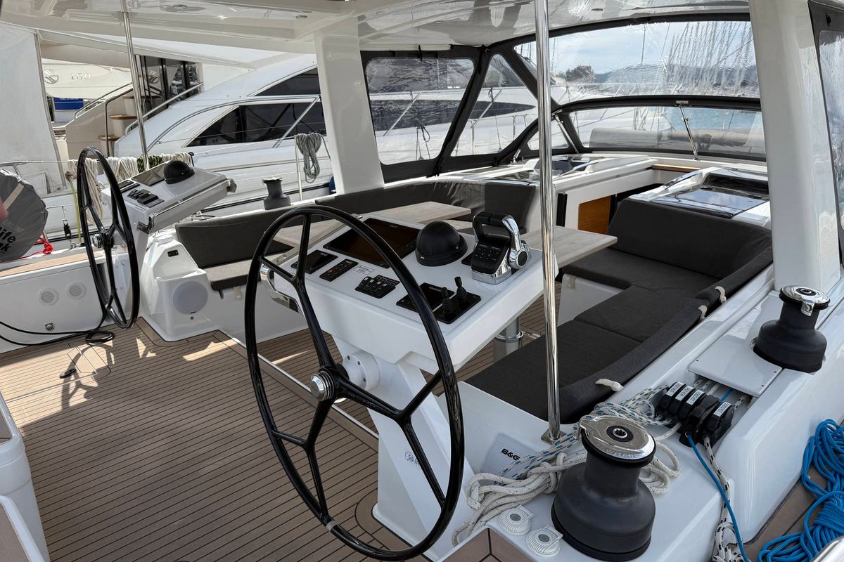 Cockpit of Joanna, a Hanse Yachts Hanse 588 sailboat at Grad Biograd na Moru, Croatia