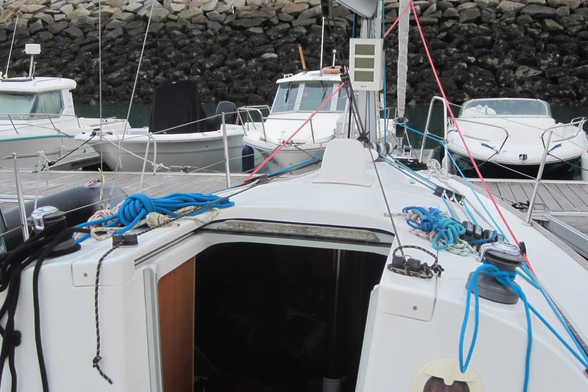 Deck of Flashe, a Beneteau First 27.7 sailboat at Saint-Cast-le-Guildo, France