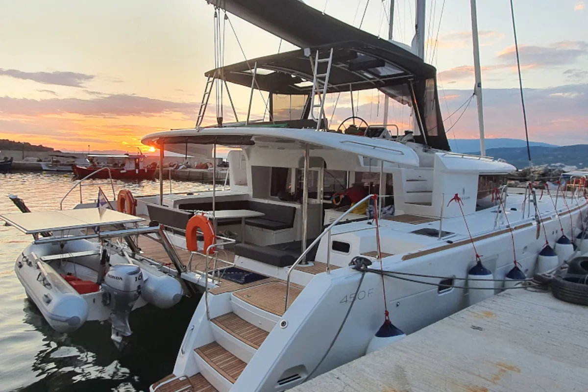 Exterior view of Alkyone, a Lagoon 450 Fly catamaran at Volos Municipality, Greece