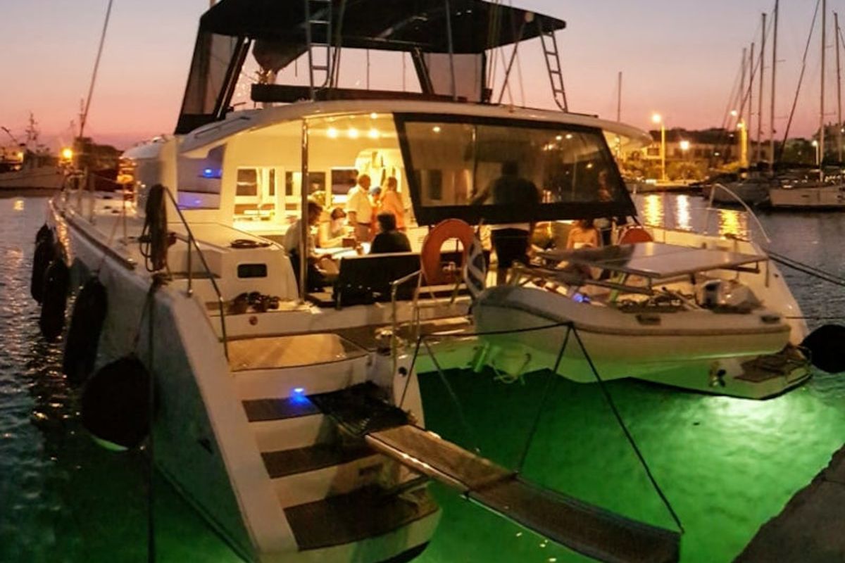 Exterior view of Alkyone, a Lagoon 450 Fly catamaran at Volos Municipality, Greece