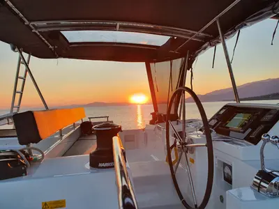 Cockpit of Alkyone, a Lagoon 450 Fly catamaran at Volos Municipality, Greece