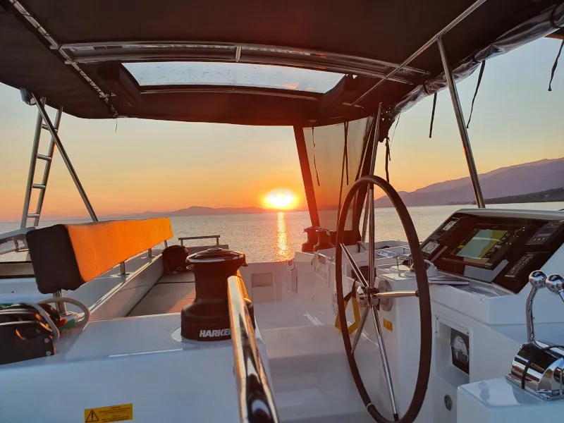 Cockpit of Alkyone, a Lagoon 450 Fly catamaran at Volos Municipality, Greece