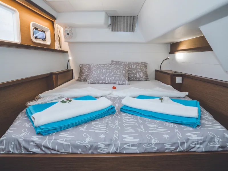 Cabin on Alkyone, a Lagoon 450 Fly catamaran at Volos Municipality, Greece