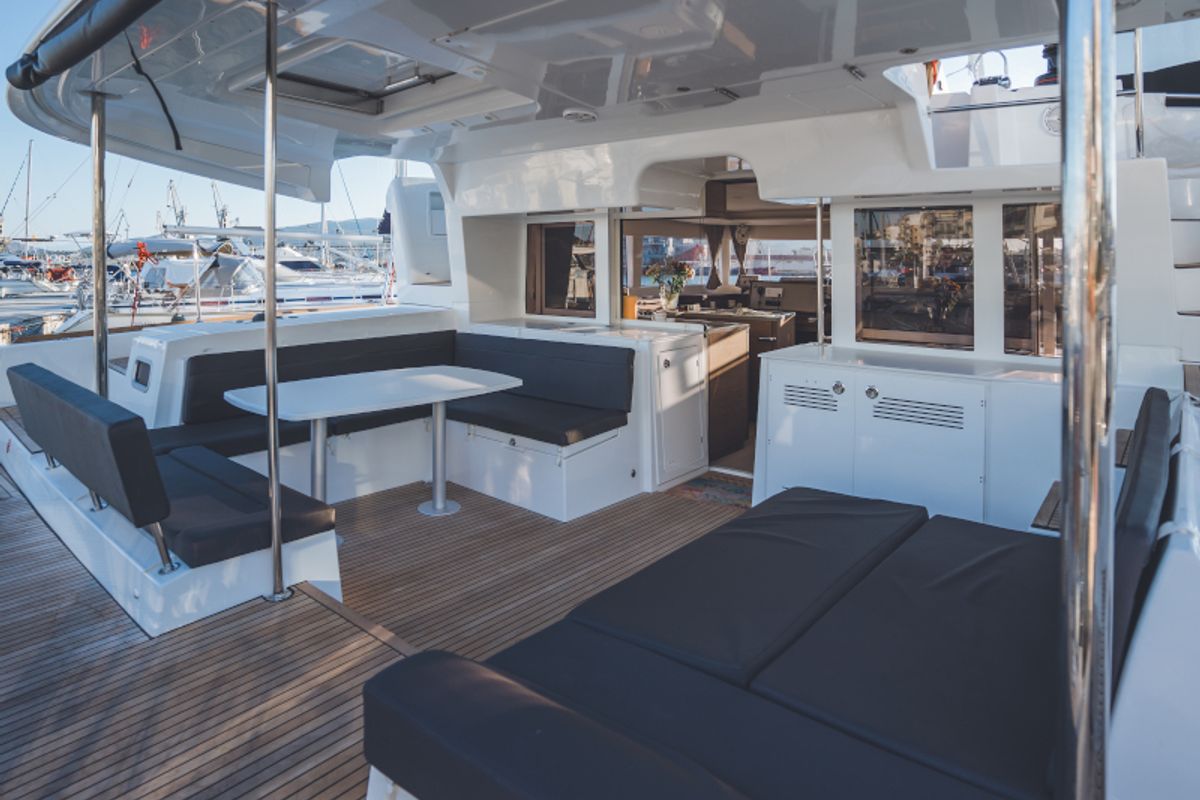 Deck of Alkyone, a Lagoon 450 Fly catamaran at Volos Municipality, Greece