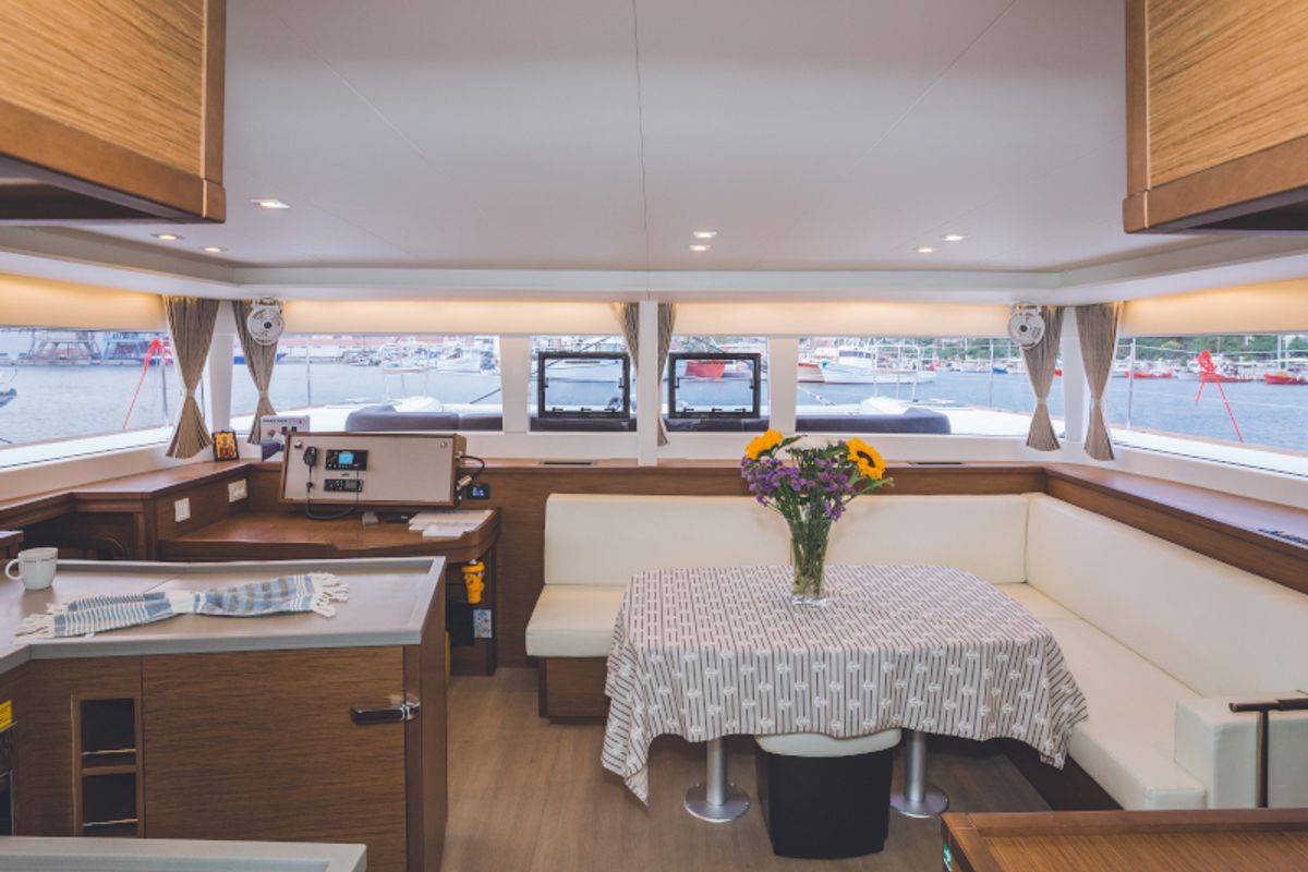 Salon of Alkyone, a Lagoon 450 Fly catamaran at Volos Municipality, Greece