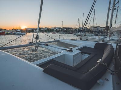 Deck of Alkyone, a Lagoon 450 Fly catamaran at Volos Municipality, Greece