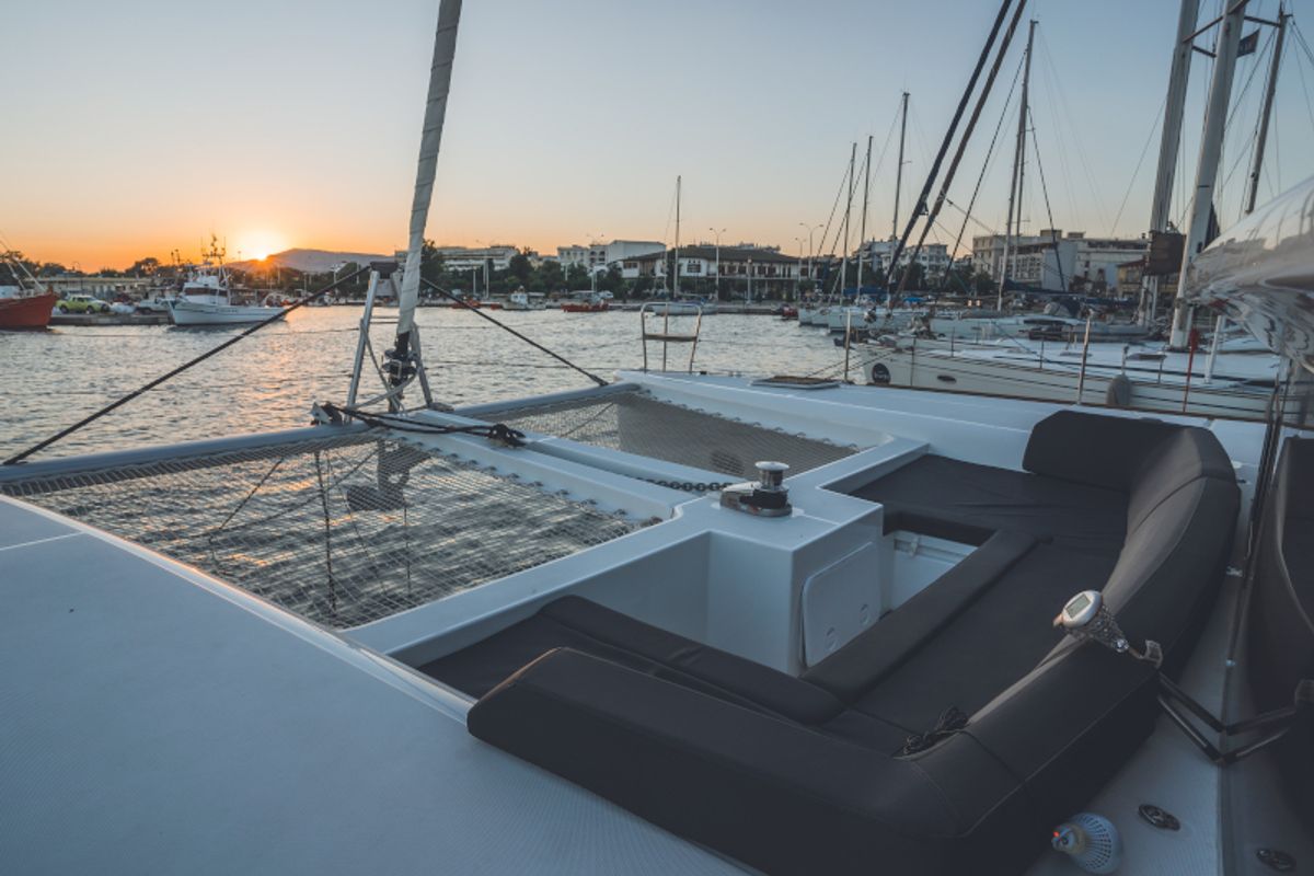 Deck of Alkyone, a Lagoon 450 Fly catamaran at Volos Municipality, Greece