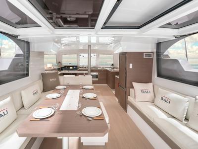Salon of Silvia B, a Bali Catspace catamaran at Marsala, Italy