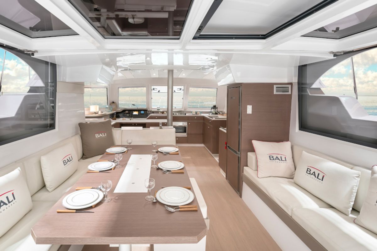 Salon of Silvia B, a Bali Catspace catamaran at Marsala, Italy