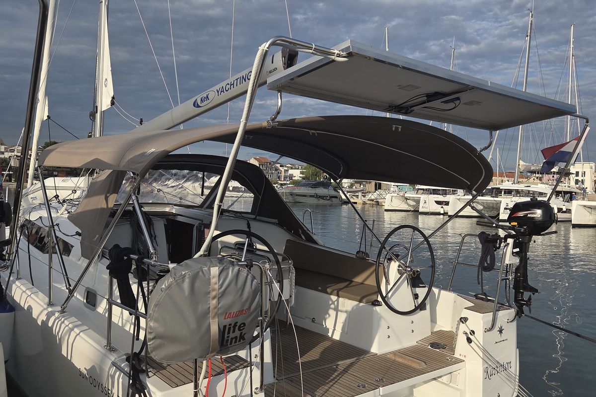 Cockpit of Kavinton, a Jeanneau Sun Odyssey 380 sailboat at Pirovac, Croatia