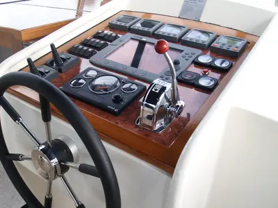 Cockpit of Drait 52, a De Drait Classicline 1300 motorboat at Woudsend, Netherlands