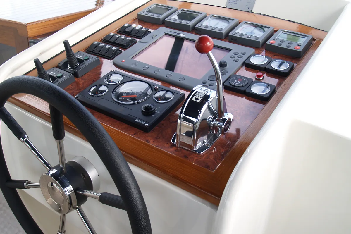 Cockpit of Drait 52, a De Drait Classicline 1300 motorboat at Woudsend, Netherlands