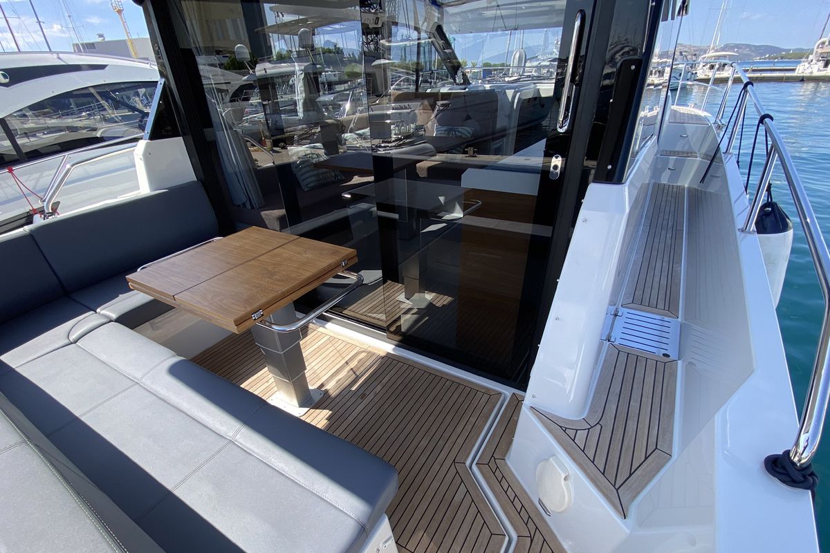 Deck of KRISTINA, a Grandezza 37 CA motorboat at Grad Trogir, Croatia