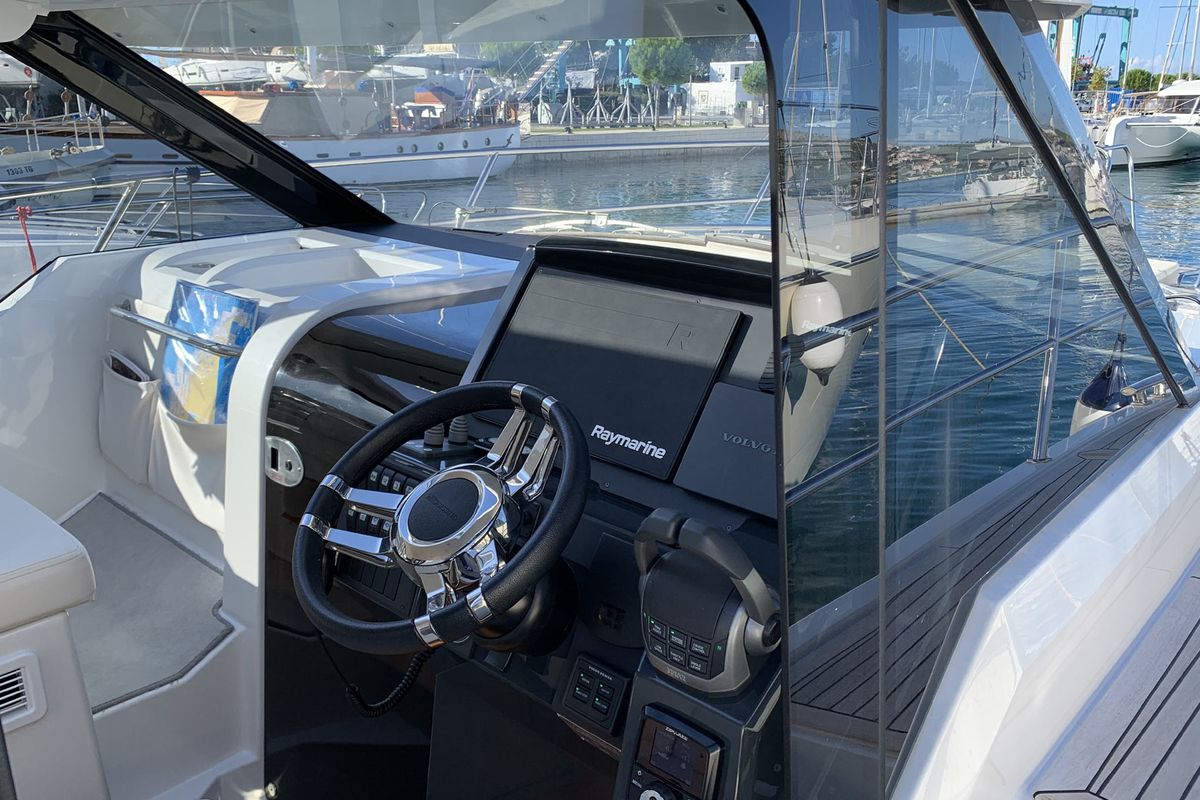 Cockpit of KRISTINA, a Grandezza 37 CA motorboat at Grad Trogir, Croatia