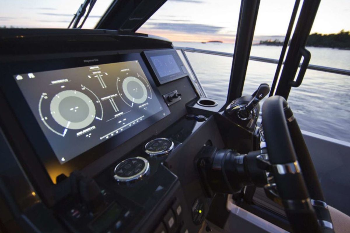 Cockpit of KRISTINA, a Grandezza 37 CA motorboat at Grad Trogir, Croatia