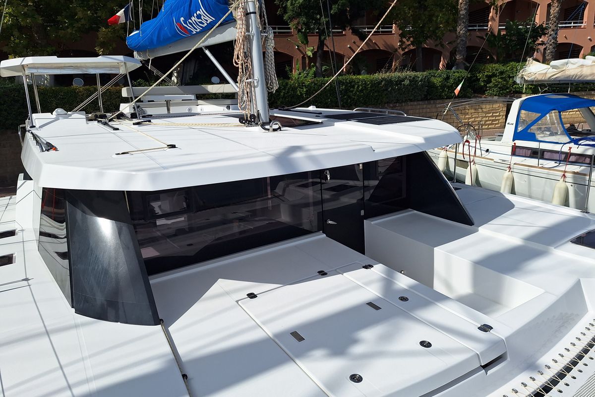 Deck of Orpin, a Leopard 42 catamaran at Tonnarella, Italy