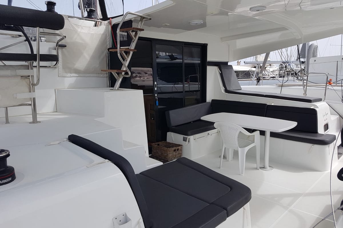 Deck of Agia Irini, a Lagoon 42 catamaran at Municipal Unit of Rhodes, Greece