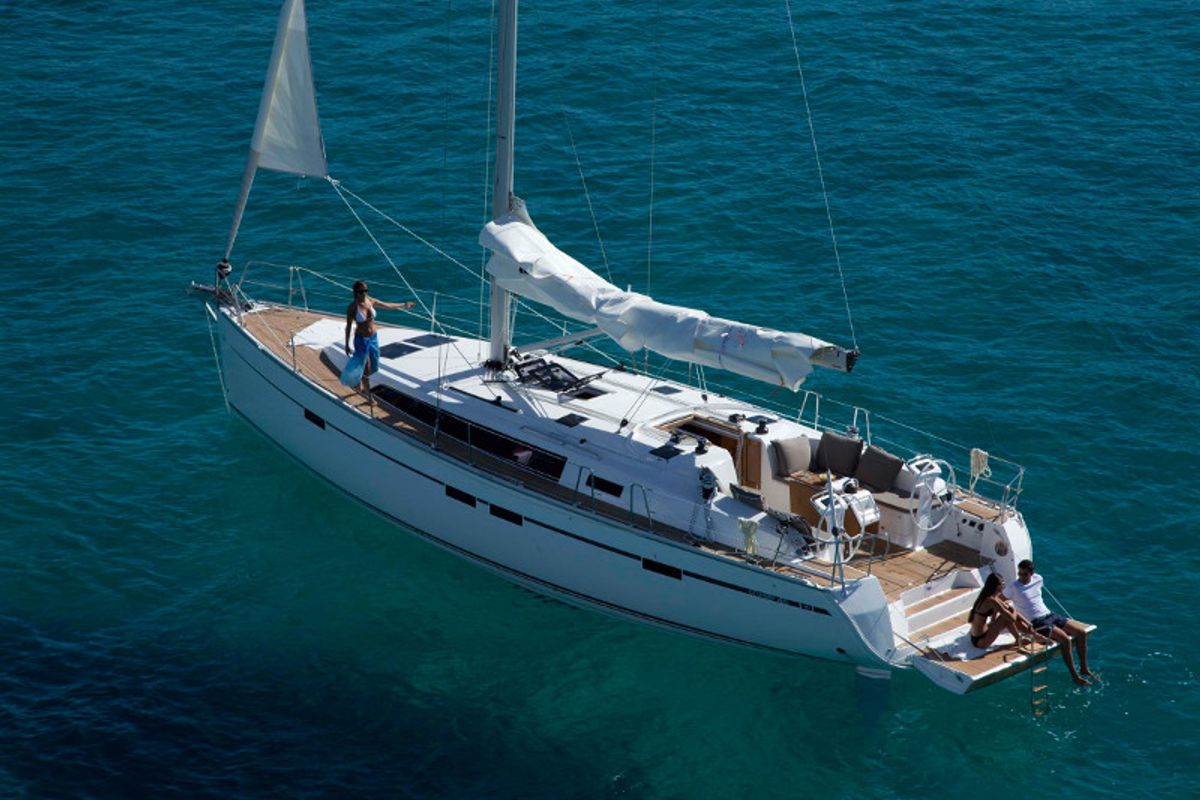 Exterior view of Leonidas, a Bavaria Cruiser 46 sailboat at Municipal Unit of Lefkada, Greece