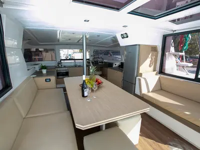 Salon of Blue Dream II, a Bali 4.0 catamaran at Keramoti, Greece