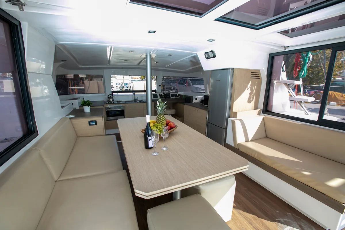 Salon of Blue Dream II, a Bali 4.0 catamaran at Keramoti, Greece