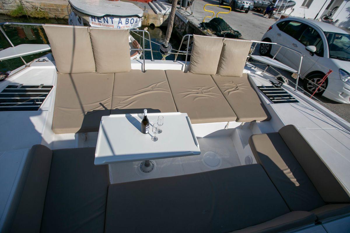 Deck of Blue Dream II, a Bali 4.0 catamaran at Keramoti, Greece
