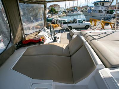 Cockpit of Blue Dream II, a Bali 4.0 catamaran at Keramoti, Greece