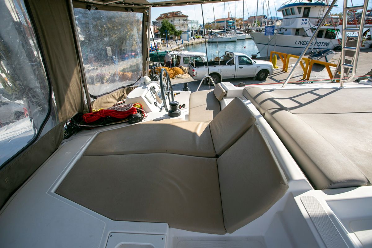 Cockpit of Blue Dream II, a Bali 4.0 catamaran at Keramoti, Greece