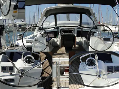 Cockpit of Orion XII, a Beneteau Oceanis 48 sailboat at Volos Municipality, Greece