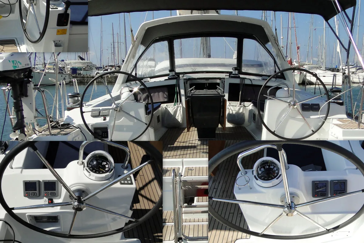 Cockpit of Orion XII, a Beneteau Oceanis 48 sailboat at Volos Municipality, Greece