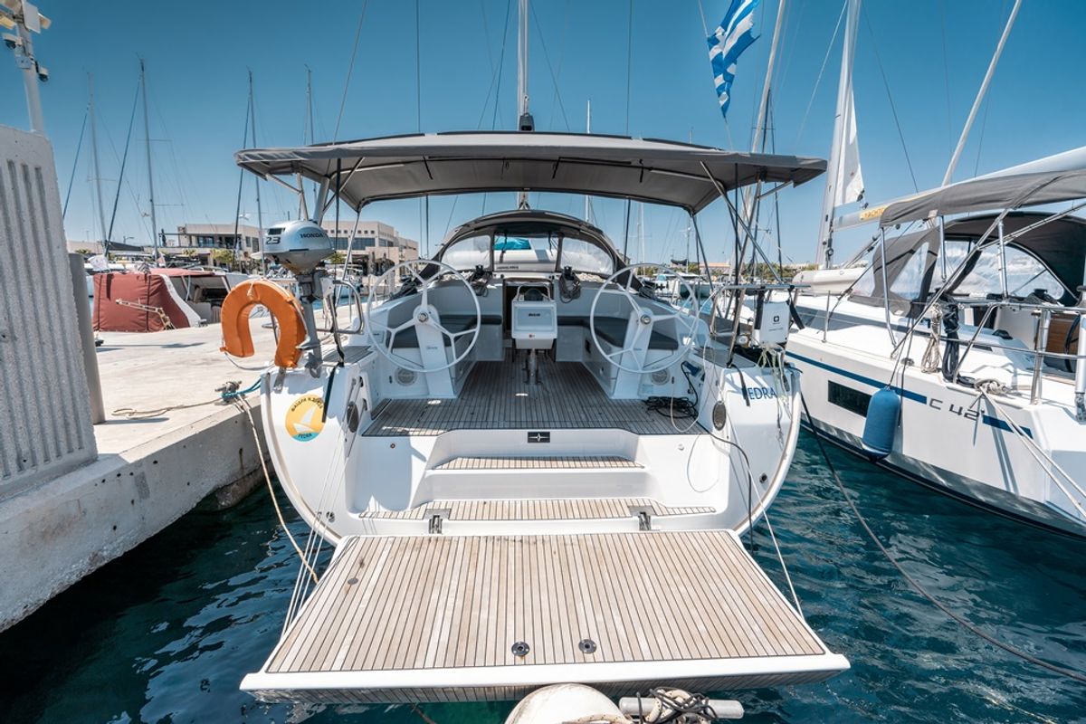 Cockpit of Fedra, a Bavaria Cruiser 46 sailboat at Municipal Unit of Rhodes, Greece