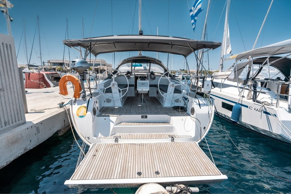 Deck of Fedra, a Bavaria Cruiser 46 sailboat at Municipal Unit of Rhodes, Greece
