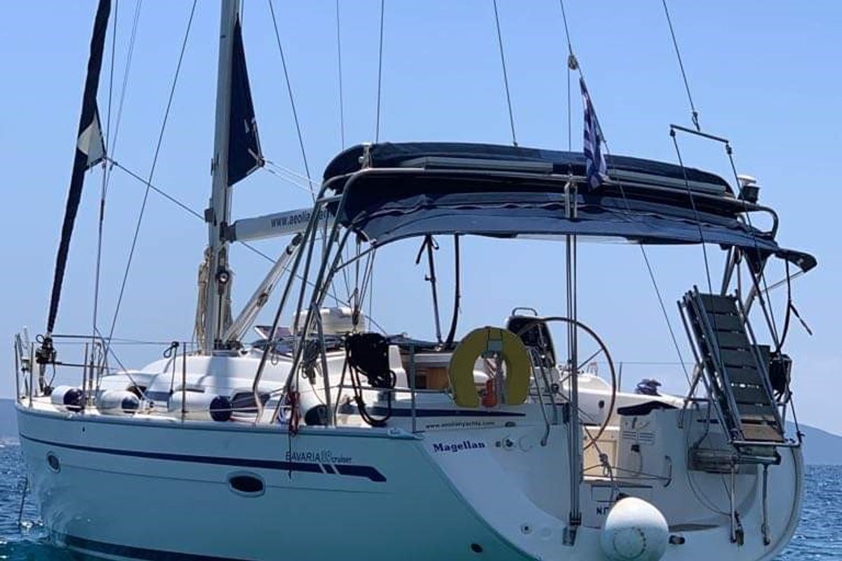 Exterior view of Magellan, a Bavaria 39 Cruiser sailboat at Preveza, Greece