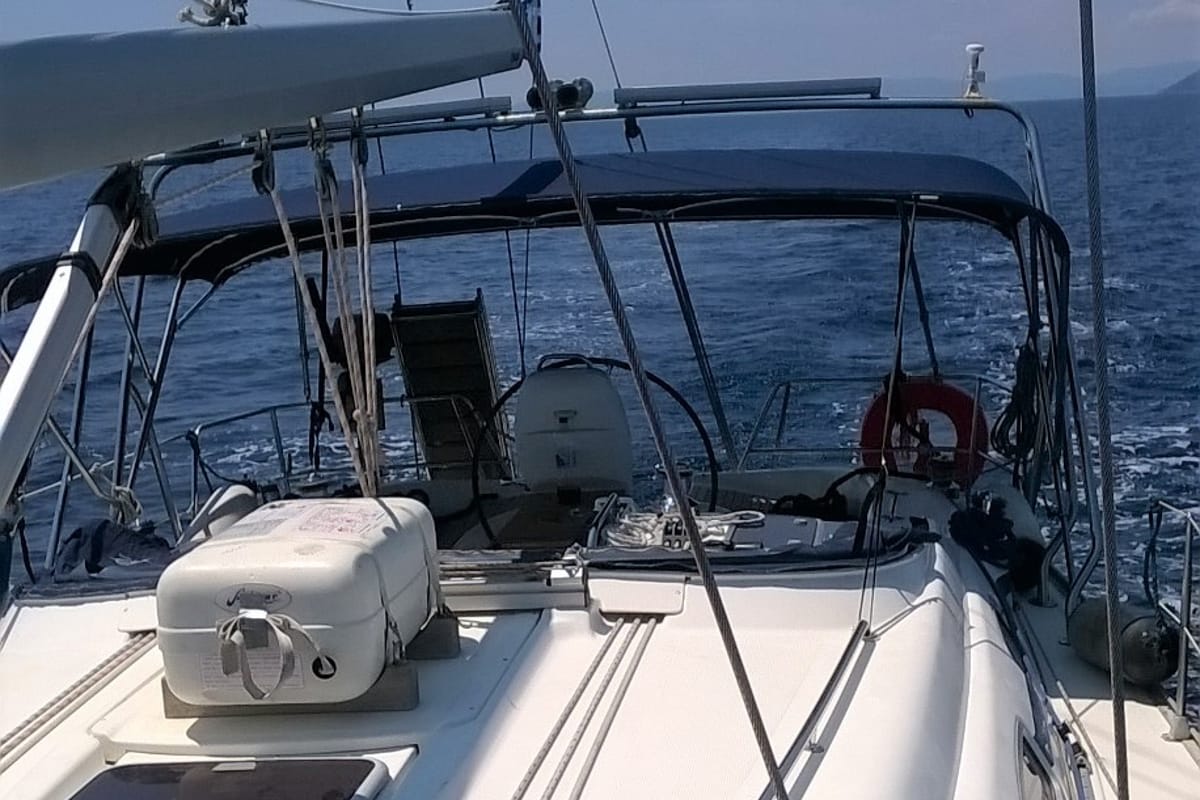 Cockpit of Magellan, a Bavaria 39 Cruiser sailboat at Preveza, Greece