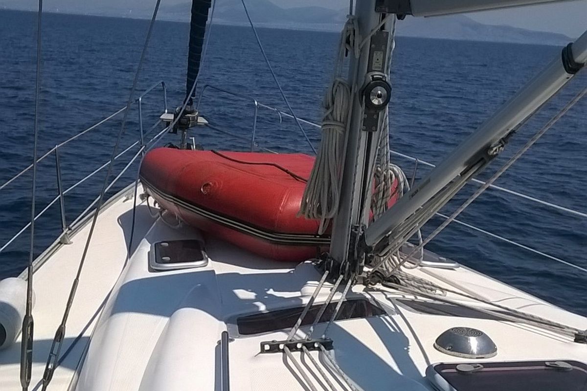 Deck of Magellan, a Bavaria 39 Cruiser sailboat at Preveza, Greece