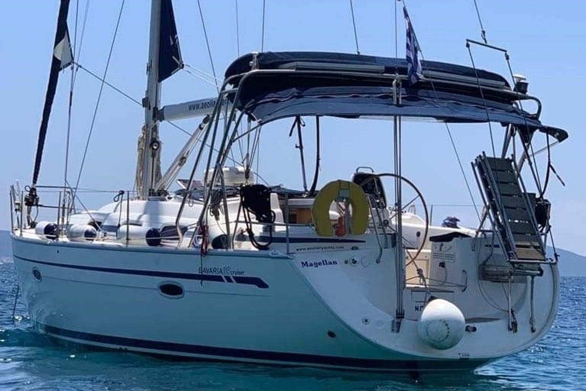Exterior view of Magellan, a Bavaria 39 Cruiser sailboat at Preveza, Greece