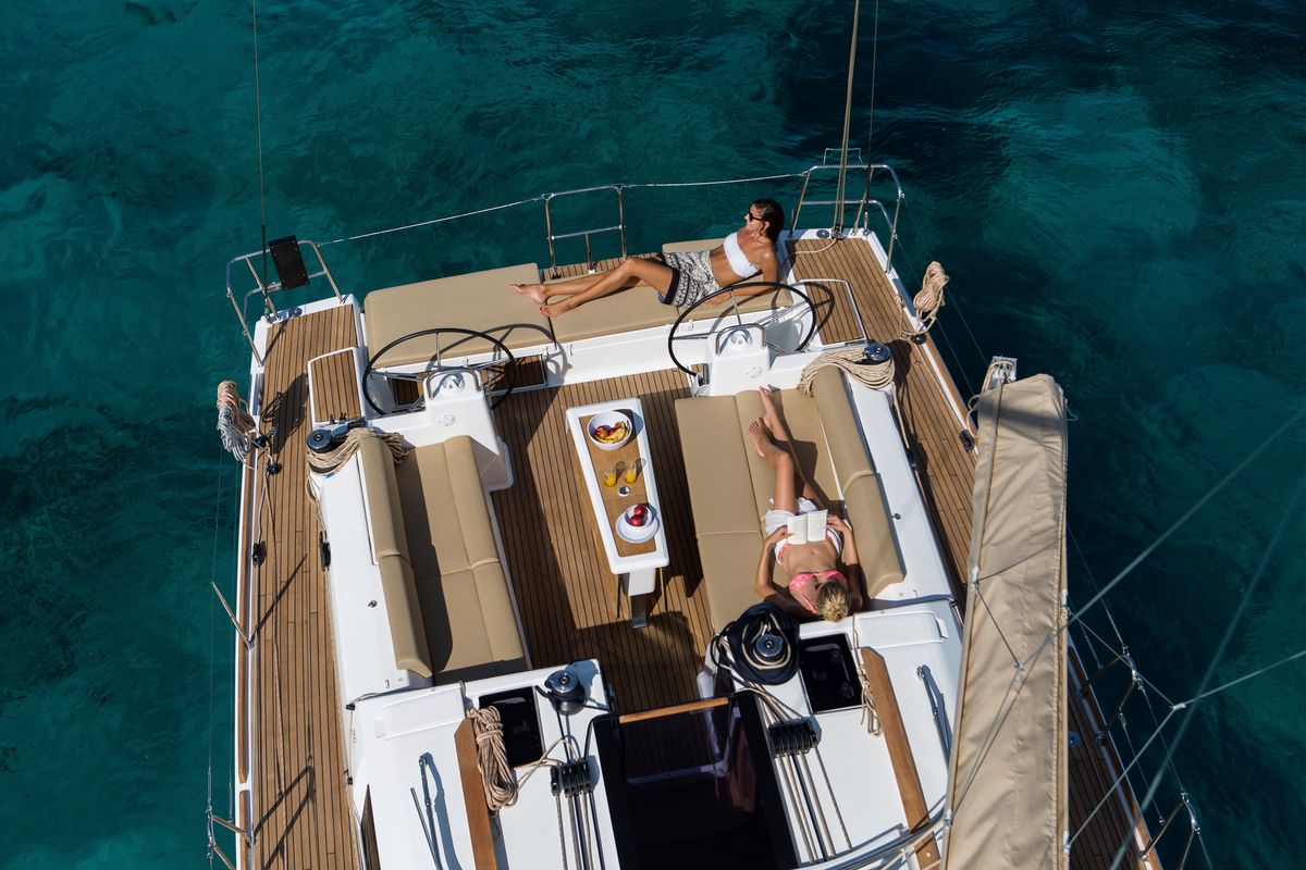 Exterior view of Odyssea, a Dufour 460 Grand Large sailboat at Portimão, Portugal
