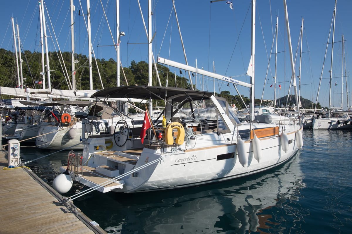 Exterior view of Dianora, a Beneteau Oceanis 45 sailboat at Fethiye, Turkey