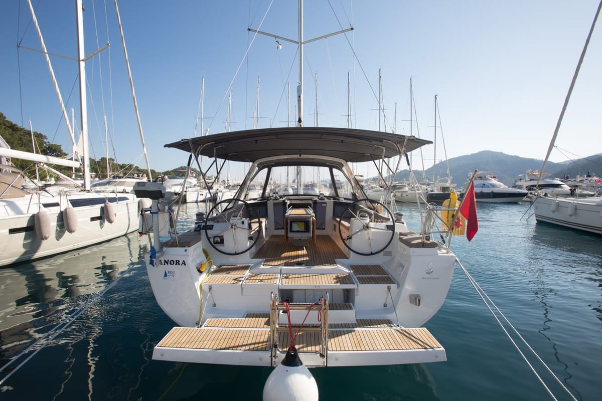 Exterior view of Dianora, a Beneteau Oceanis 45 sailboat at Fethiye, Turkey