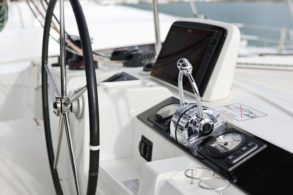 Cockpit of Barbarella III, a Lagoon 46 catamaran at Grad Trogir, Croatia