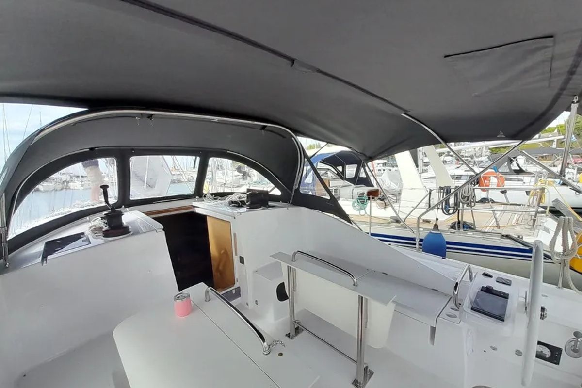Cockpit of Elena, a Elan Impression 43 sailboat at Athens, Greece