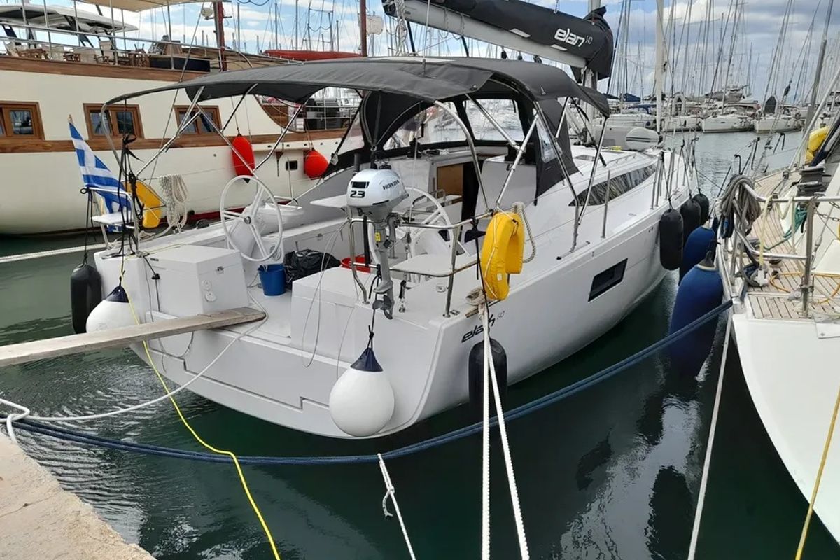 Exterior view of Elena, a Elan Impression 43 sailboat at Athens, Greece