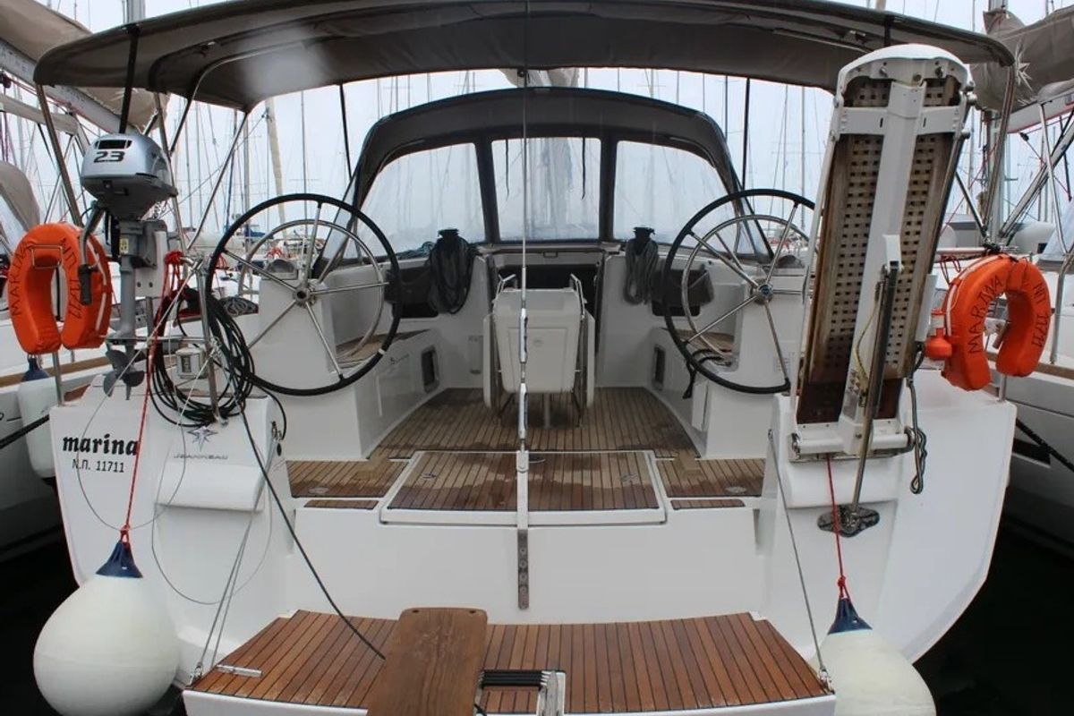 Cockpit of Marina, a Jeanneau Sun Odyssey 519 sailboat at Kos, Greece