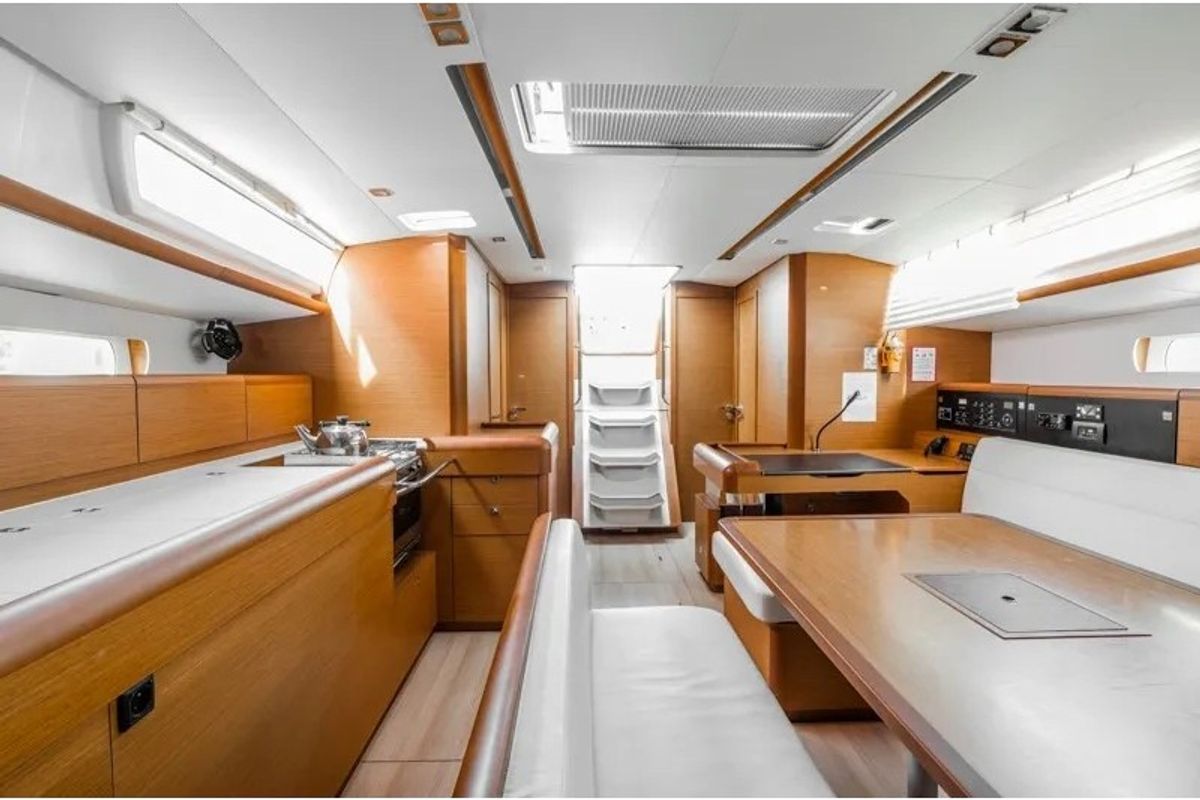 Salon of Marina, a Jeanneau Sun Odyssey 519 sailboat at Kos, Greece