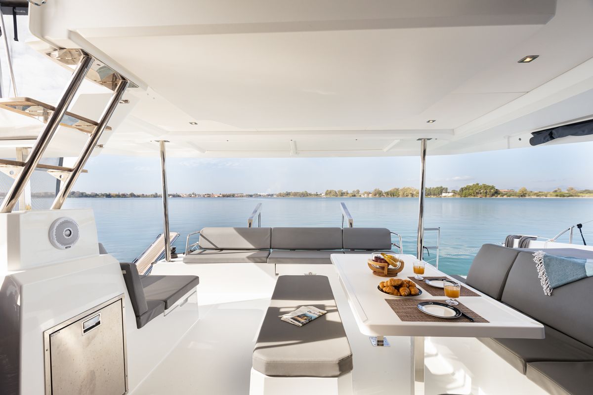 Deck of Vienna Pearl, a Fountaine Pajot Elba 45 catamaran at Preveza, Greece