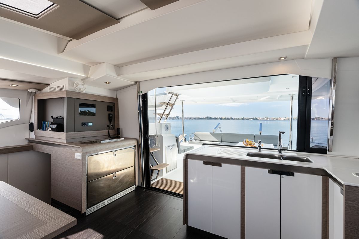 Galley of Vienna Pearl, a Fountaine Pajot Elba 45 catamaran at Preveza, Greece
